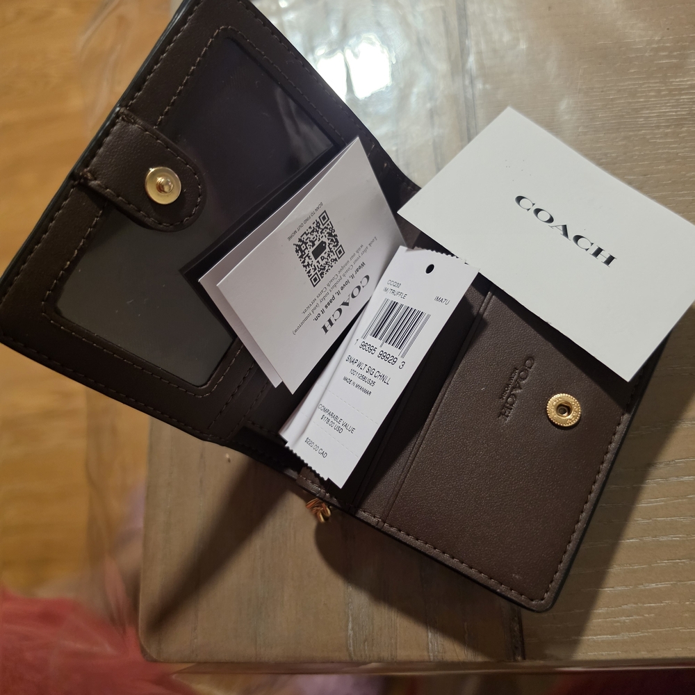 Coach Brown Leather Compact Wallet with Gold Hardware